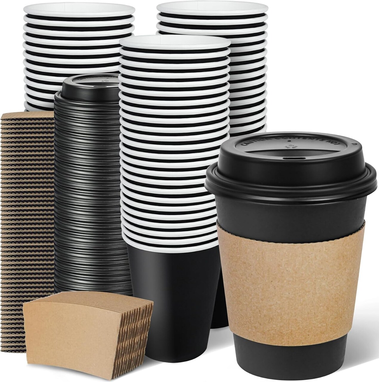 100 Pack 12 oz Disposable Coffee Cups with Lids and Sleeves, To Go Leak-Proof Black Paper Cups for Picnics, Parties, Travel, Offices and Coffee Bar Supplies
